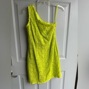The Limited Lace One Shoulder Dress in Neon Yellow Green